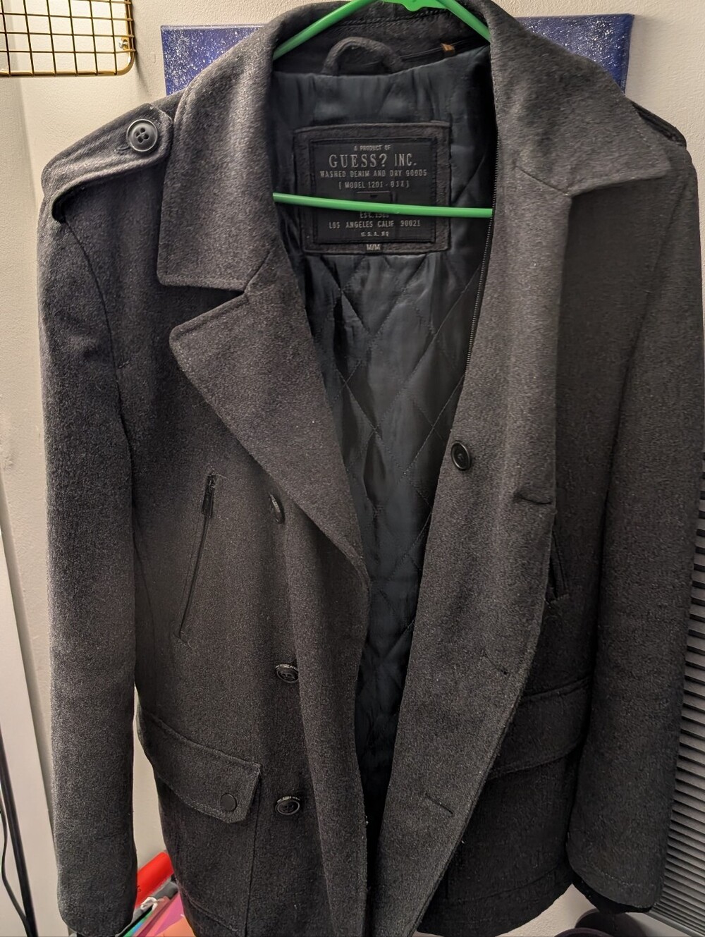 GUESS Men’s Charcoal Gray Wool-Blend Peacoat